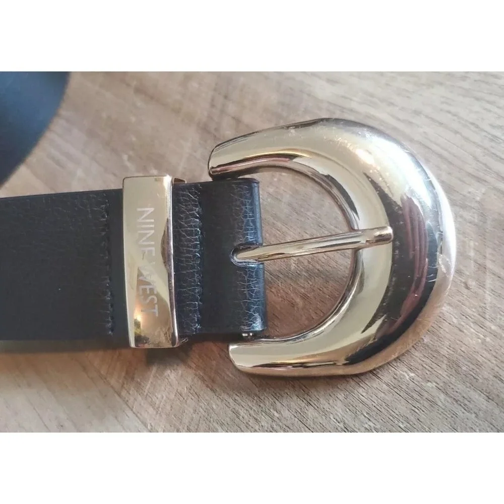 Nine West Faux Leather Black Belt Womens‎ Size M/L Gold Tone Large Buckle